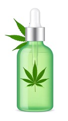 Green glass bottle with cannabis leaf