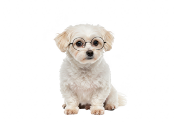 A cute and fluffy white bichon frise or maltese mix puppy dog wearing round glasses, sitting and looking at the camera, isolated on transparent background