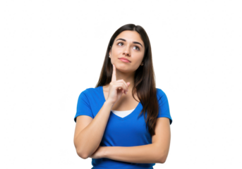 Young woman with long dark hair wearing a blue tshirt, thinking with her finger on her chin, isolated on transparent background