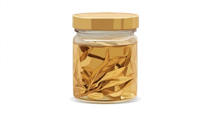 A glass jar with a gold lid contains a light-brown liquid and several dried, light-brown leaves.  The jar casts a subtle shadow on a white background