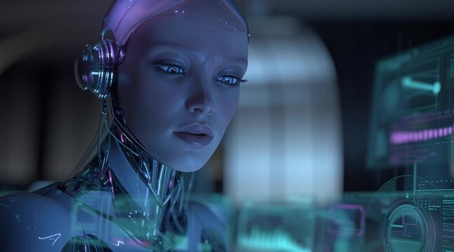 Futuristic female android exploring a sci-fi control center with holographic dashboards and ambient cinematic lighting
