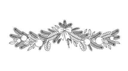 A christmas garland with pine branches, ornaments, leaves, and a bow in a black and white line drawing