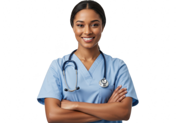 A smiling female doctor or nurse wearing blue scrubs and a stethoscope, isolated on transparent background
