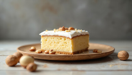 Slice of tres leches cake with creamy white frosting, crunchy nuts on top. Presented on rustic wooden board, delicious dessert features soft, moist crumb, tempting sweet flavor perfect for occasion.