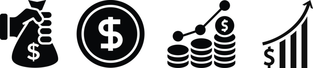 Obraz premium Finance icons. Business Icons, money signs. Money silhouette collection. Wallet with cards icon. Coins silhouette icon. Growth chart. Moneybag or stash. Piggy bank flat style - stock vector