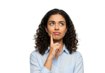 Young woman with curly hair thinking and pondering with her finger on her chin, isolated on transparent background