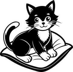 Black and white illustration of cute cartoon cat sitting on cushion