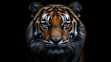 Fototapeta premium Majestic tiger portrait against a black background. Intense gaze and striking detail