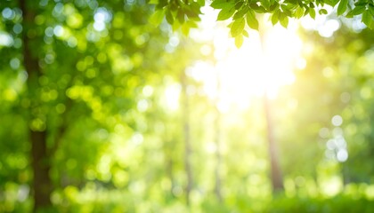 Sunny abstract background of a green forest with beautiful sunlight and bokeh
