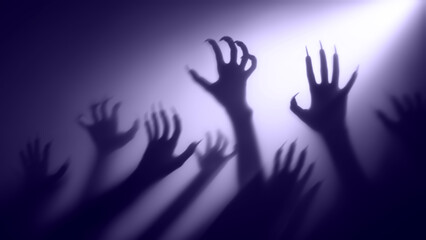 Shadow overlay effect for halloween background with Terrifying scary hands with long nails,Creepy monster claw,silhouette of hands,zombie hand rising out of a graveyard