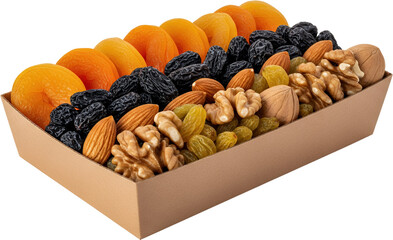 Mixed dried fruits and nuts including apricots raisins almonds walnuts and green raisins mixed nuts healthy snacks transparent background