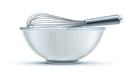 A clear glass mixing bowl, slightly filled with a white substance, rests on a white background. A metal whisk is placed across the top of the bowl.  The image is clean and digitally rendered