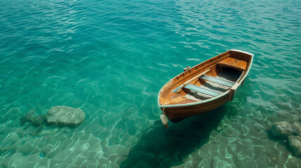 Obraz premium Serene waterscape featuring a solitary wooden boat gently floating in calm turquoise waters