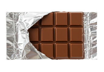 A delicious bar of milk chocolate unwrapped from its shiny silver foil wrapper, isolated on transparent background
