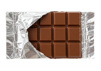 A delicious bar of milk chocolate unwrapped from its shiny silver foil wrapper, isolated on transparent background