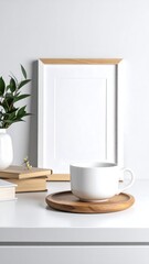 Obraz premium White cup, frame, books, vase, simple