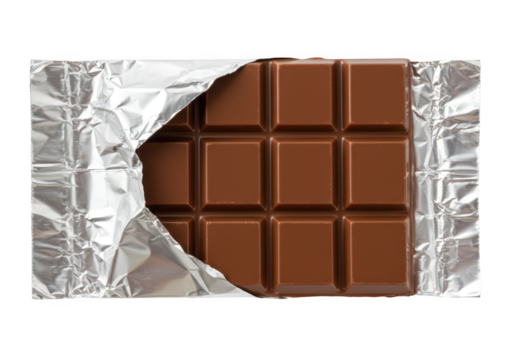 A delicious bar of milk chocolate unwrapped from its shiny silver foil wrapper, isolated on transparent background