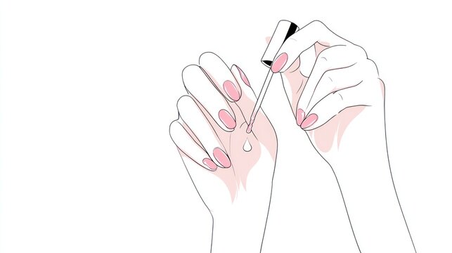 Line art illustration of hands applying pale pink nail polish or serum.  Clean lines define the hands and fingers, focusing on the application process