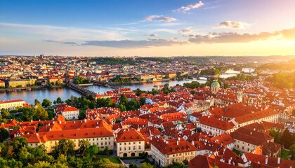 Panoramic sunset view of Prague's terracotta rooftops, Charles Bridge, and Vltava River.