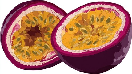 Two halves of a vibrant passion fruit, showcasing its juicy, yellow-orange interior filled with numerous seeds, against a stark white background.  The outer rind is a deep purple