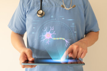 Fototapeta na wymiar Neurologist studies and analyzes neuron structure hologram by digital tablet. Diagnosis and treatment of neurological disorders include MND, ALS, alzheimer disease and parkinson disease.
