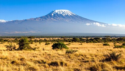 Fototapeta premium Mount Kilimanjaro's snow-capped peak rises majestically above golden African savannah under a clear blue sky.