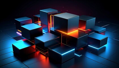 Futuristic digital grid with glowing neon cubes and data blocks