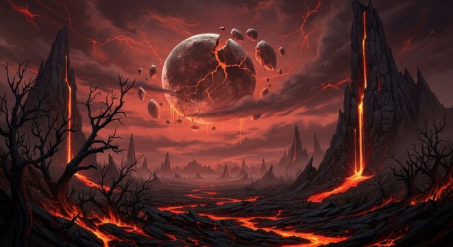 Epic hellscape with a shattered moon and rivers of lava