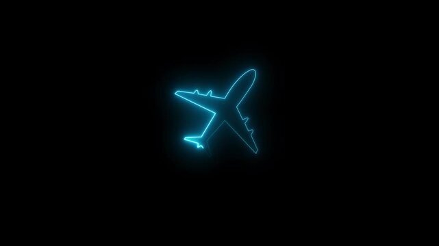 Abstract neon  airplane icon animation. Glowing Flight & Travel Symbol Loop. Airplane digital icon, neon  Plane Icon, Travel Concept on black background.