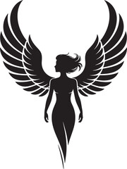 Silhouette Angel Woman with Wings Spread Wide, Vector Illustration on Transparent Backdrop
