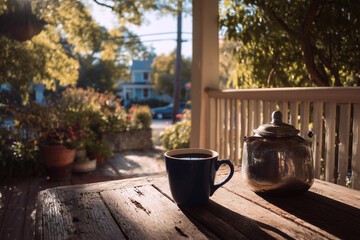 garden in the morning with coffee