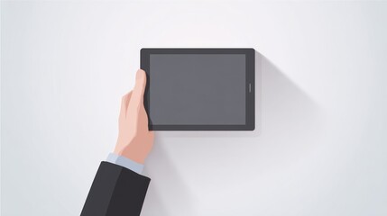 A hand in a suit holds a dark-grey tablet horizontally against a light-grey background, casting a shadow