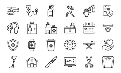 Medical Healthcare Line Icons Bundle Hospital Equipment, Doctor Tools, Patient Care, Emergency Services, Surgery, Pharmacy, First Aid, and Medicine Vector Pack