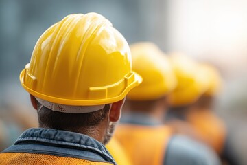 Construction workers wearing yellow hard hats job site people urban environment close-up safety awareness