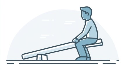 Line art illustration of a person seated on a seesaw, ready to play. The seesaw is simple, resting on blocks, against a light gray background with subtle clouds