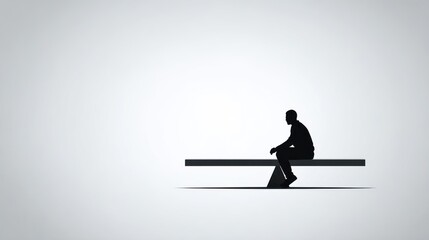 A solitary silhouette sits on an unbalanced seesaw against a minimalist, light gray backdrop, conveying a sense of loneliness or imbalance