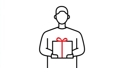 Line art illustration of a person holding a gift.  The figure is simply drawn, with a  present in their hands, tied with a red ribbon