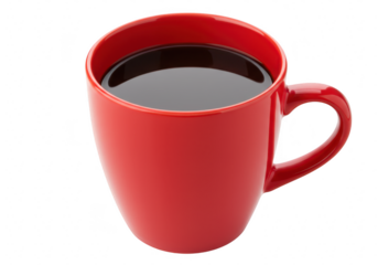 A bright red ceramic coffee mug filled with dark, hot coffee, isolated on a clean transparent background, perfect for morning energy and refreshment
