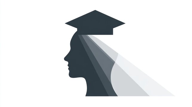 Silhouette of a head in profile, wearing a graduation cap, illuminated by rays of light, symbolizing enlightenment and the pursuit of knowledge