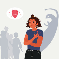 An illustration of a woman with a worried expression, experiencing chest pain, represents anxiety disorder.
