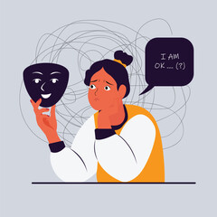An illustration of a woman hesitantly holding a smiling mask, with a speech bubble that represents mental confusion, highlighting the brave act of admitting that it's okay not to be OK.