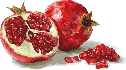 A vibrant illustration showcases a halved pomegranate revealing its numerous red arils, alongside a whole pomegranate and scattered seeds against a stark white backdrop.