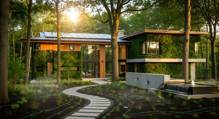 Fototapeta premium Modern house exterior blending with nature, featuring solar panels and greenery