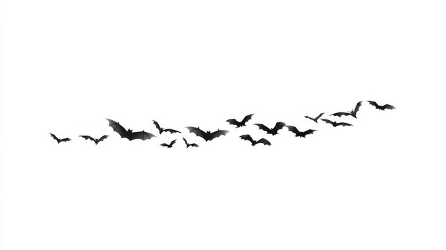 A flock of black bats in flight, arranged in a diagonal line against a stark white background, creating a simple yet striking image
