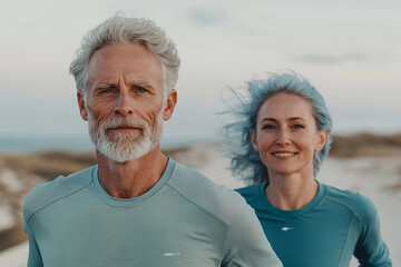 Senior couple running on beach wearing fitness apparel, embracing active lifestyle