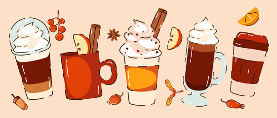 Background with autumn, winter hot drinks. Pumpkin latte, hot chocolate, coffee with cream, cocoa. Banner with drinks. Vector illustration.