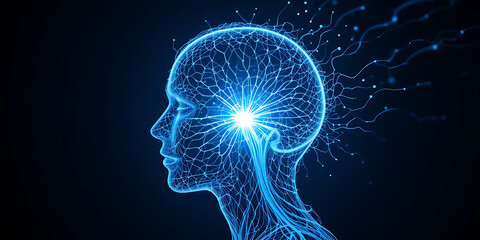 Profile of a human head made of glowing blue digital particles, symbolizing artificial intelligence and the power of the mind