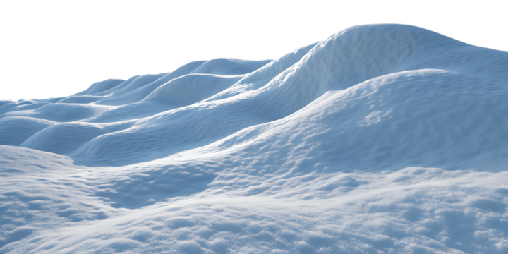 Flowing snow-covered mountain range with gentle curves and soft blue-white winter tones, isolated on a transparent background