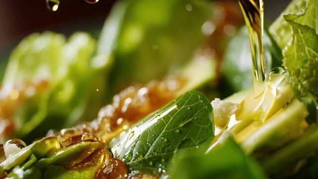 Pouring olive oil over fresh salad greens culinary delight kitchen environment close-up view healthy eating concept