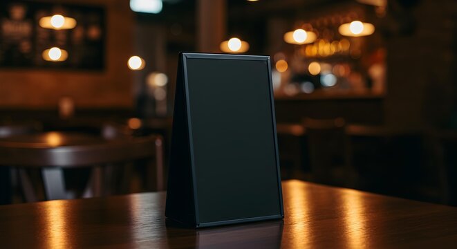 Blank Black Table Tent Sign Mockup on Wooden Table in Restaurant